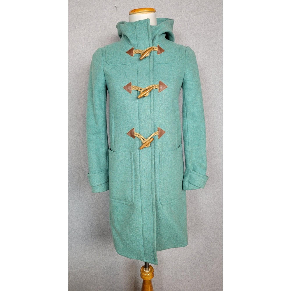 J.Crew Melton Wool Toggle Duffle Coat Seafoam Blue Hooded 2P Italian Fabric